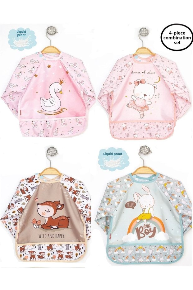 Bebechi Liquid-Proof Sleeves 4-Piece Rabbit Gazelle Swan Teddy Bear Pattern 0-3 Years Old Baby Food Bib