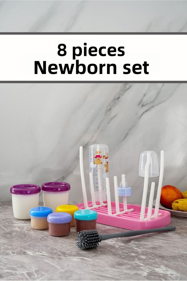 8 Piece Set Leak-Proof Milk and Food Storage Container, Baby Bottle Dryer and Bottle, Baby Bottle Cleaning Brush