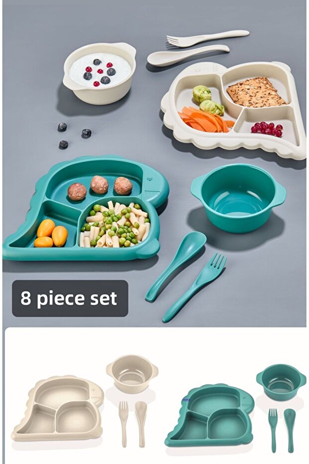 8 Pieces 2 Sets 2 Colors Baby Dinnerware Set Dino Blue White with Fork Spoon