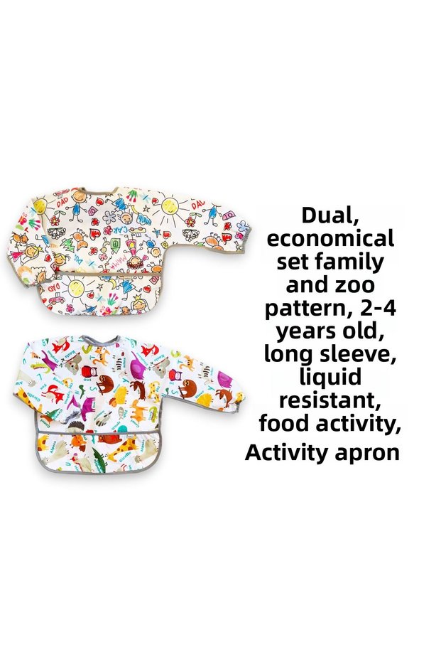 2 Pieces, Economic Set, 2-4 Years Old, Family and Zoo Pattern, Long Sleeve, Liquid Proof, Pocket, Baby Bib