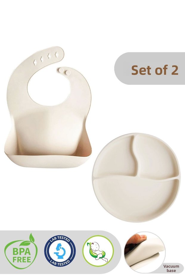 Beige Baby Feeding Set - 2-Piece, Vacuum Plate and Adjustable Silicone Bib