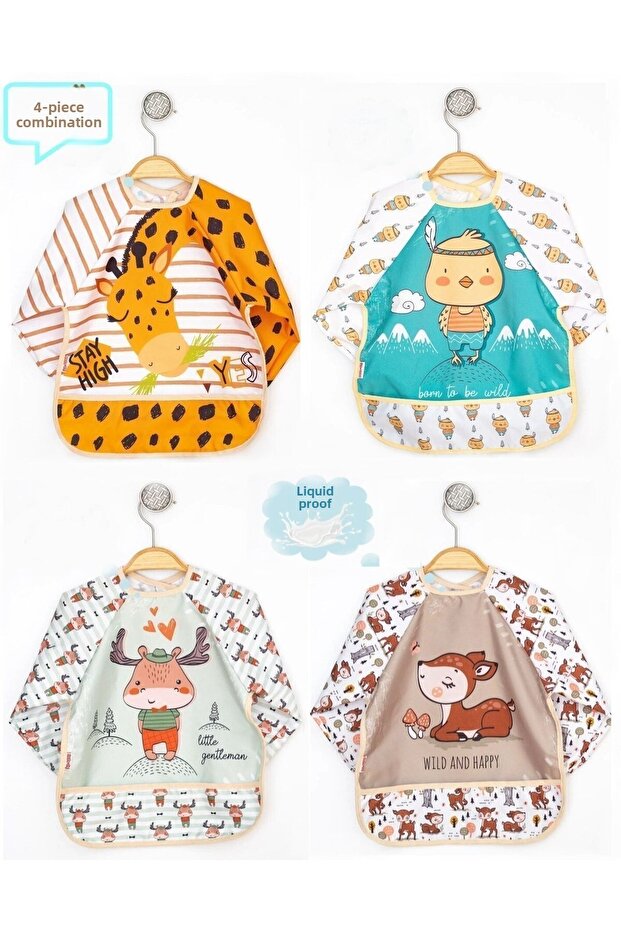 Bebechi Liquid-Proof Sleeves 4-Piece Giraffe-chick-karaca-deer Pattern 0-3 Years Old Baby Food Bib