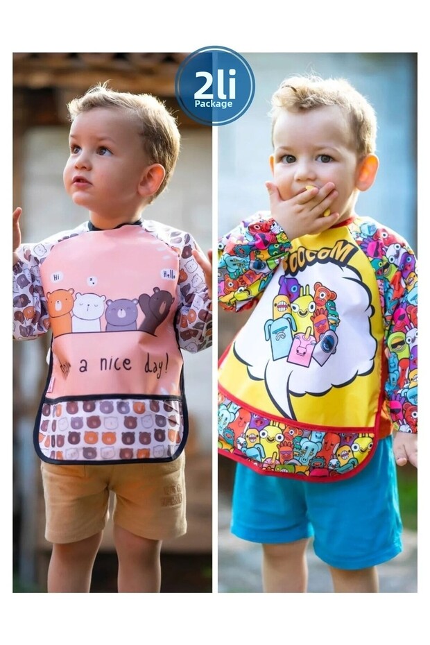 Bebechi Long Sleeve Pocketed Teddy Bear Boom Pattern Pack of 2 Baby Bibs