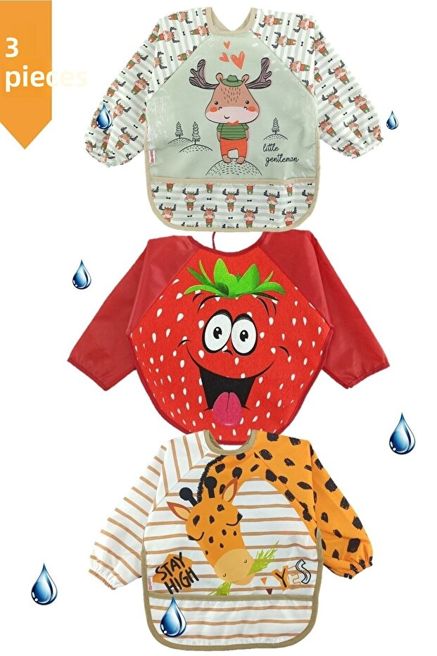 3 Pieces Liquid Proof Giraffe Deer Strawberry Pattern Baby Food Bib for 0-3 Years