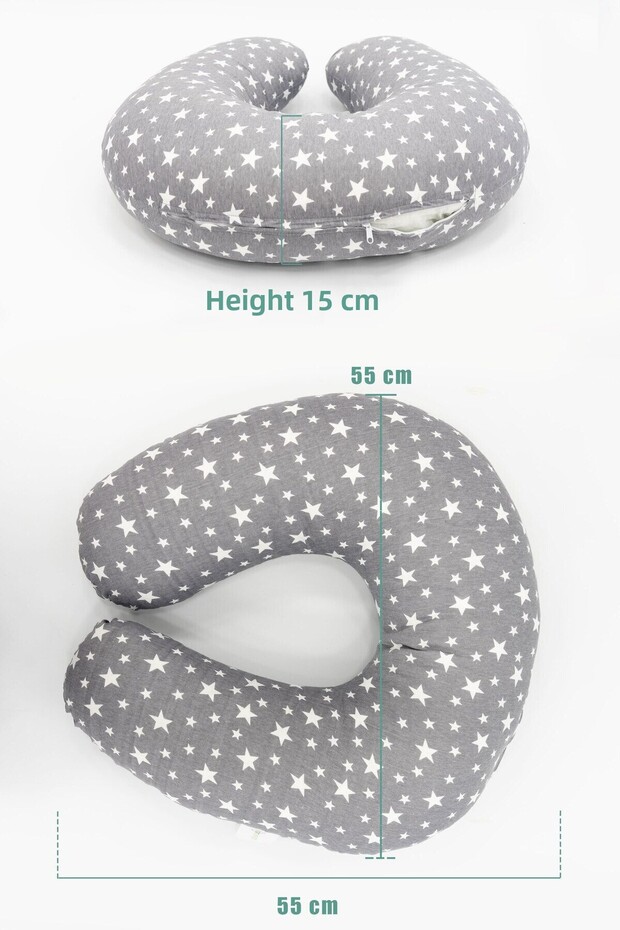Double Sided Breastfeeding Pillow / Baby Support Cushion, Pregnancy Pillow, Cotton Fabric, Stars, Anthracite - 4