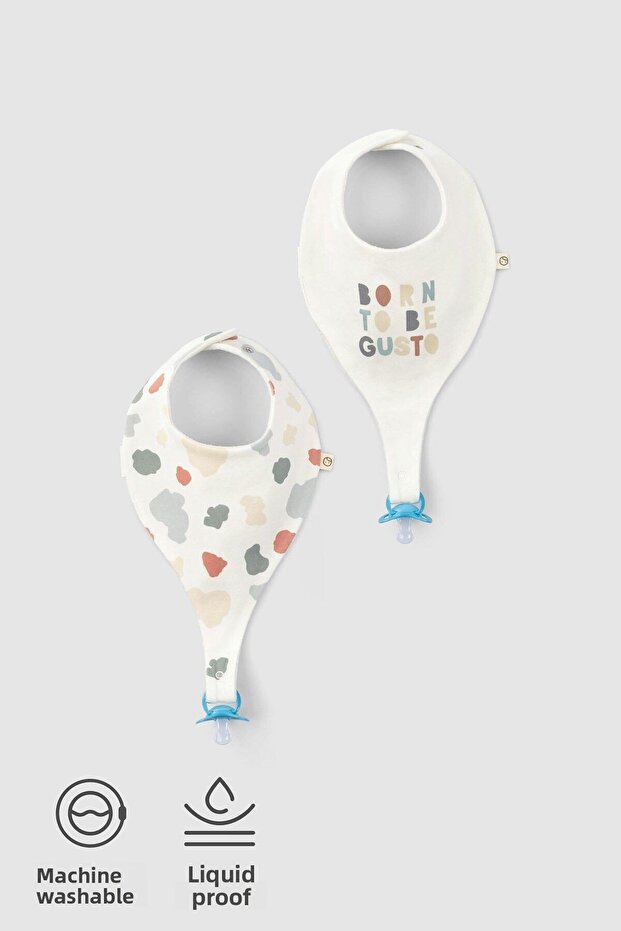Set of 2 Liquid Proof Organic Cotton Pacifier Holder Bibs Animal Patterned