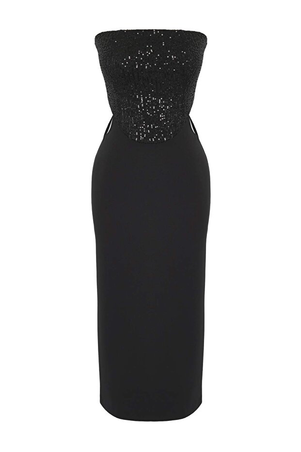 Siyah Cut Out/Pencere Detaylı Astarlı Payet Dokuma Midi Düğün/Nikah Elbisesi TPRSS25EL00306 - 5