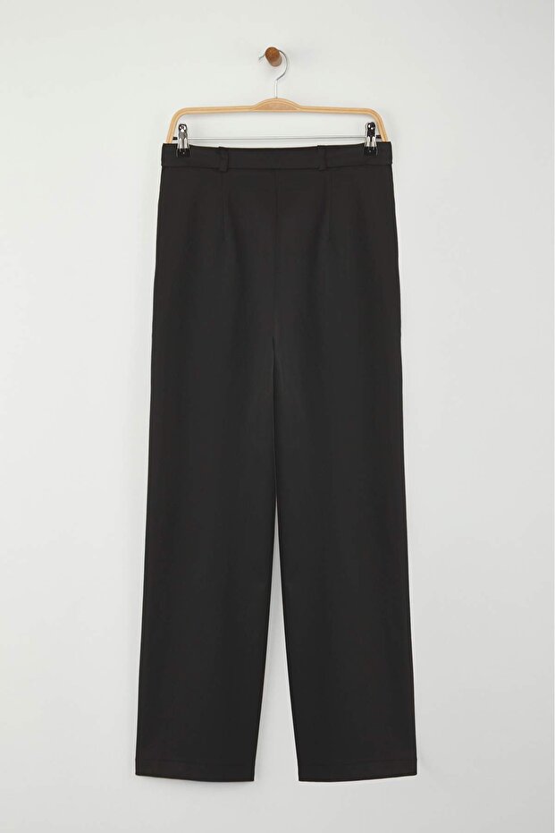 Wardrobe Essentials Siyah Bağcıklı Kışlık Tuşeli Rahat Kumaş Geniş Paça Pantolon | TWOAW26PL00012 - 8