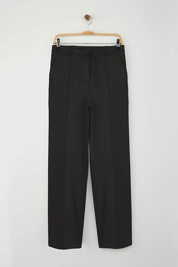 Wardrobe Essentials Siyah Bağcıklı Kışlık Tuşeli Rahat Kumaş Geniş Paça Pantolon | TWOAW26PL00012 - 7