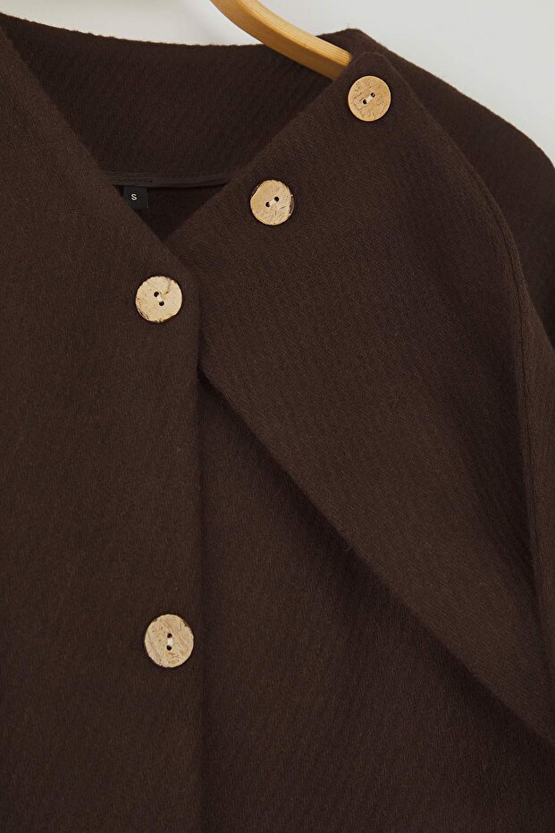 Kahverengi Oversize Kalıp Çıkarılabilir Şal Detaylı Kaşe İnce Ceket Mont TWOAW26MO00117 - 9