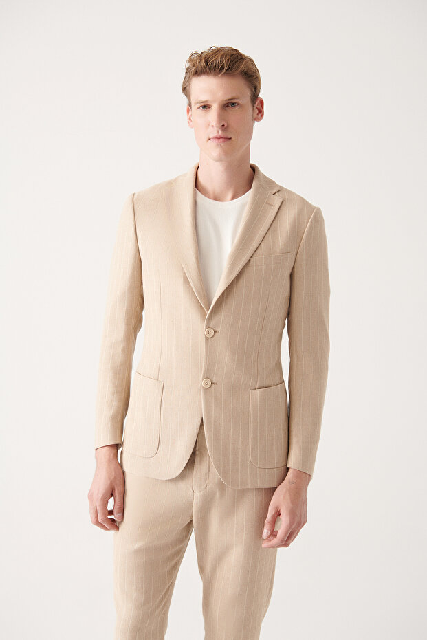 Men's Beige Linen Blended Unlined Double Slit Jacket A31Y4022
