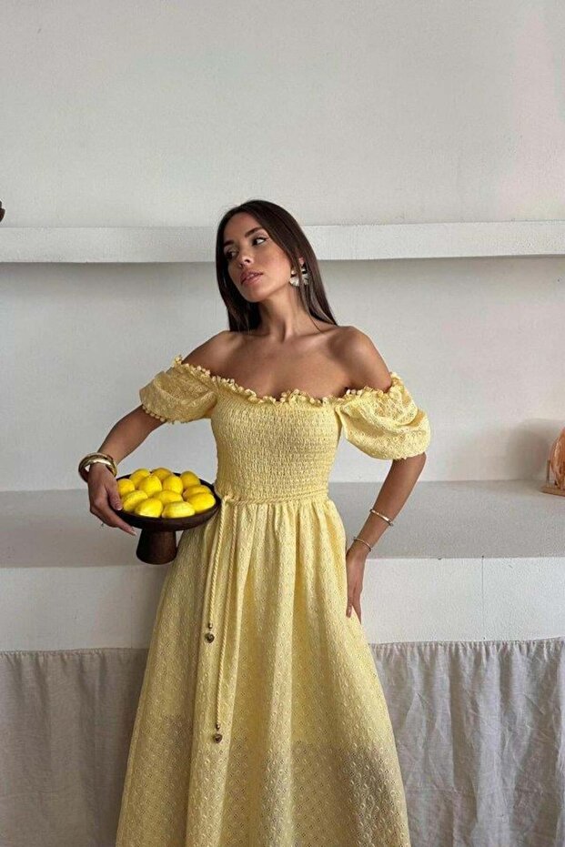 Sarı Gipeli Brode Elbise - 4