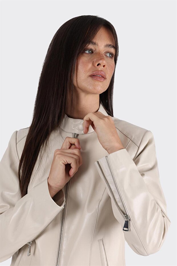 Bej Deri Kadın Ceket - 4