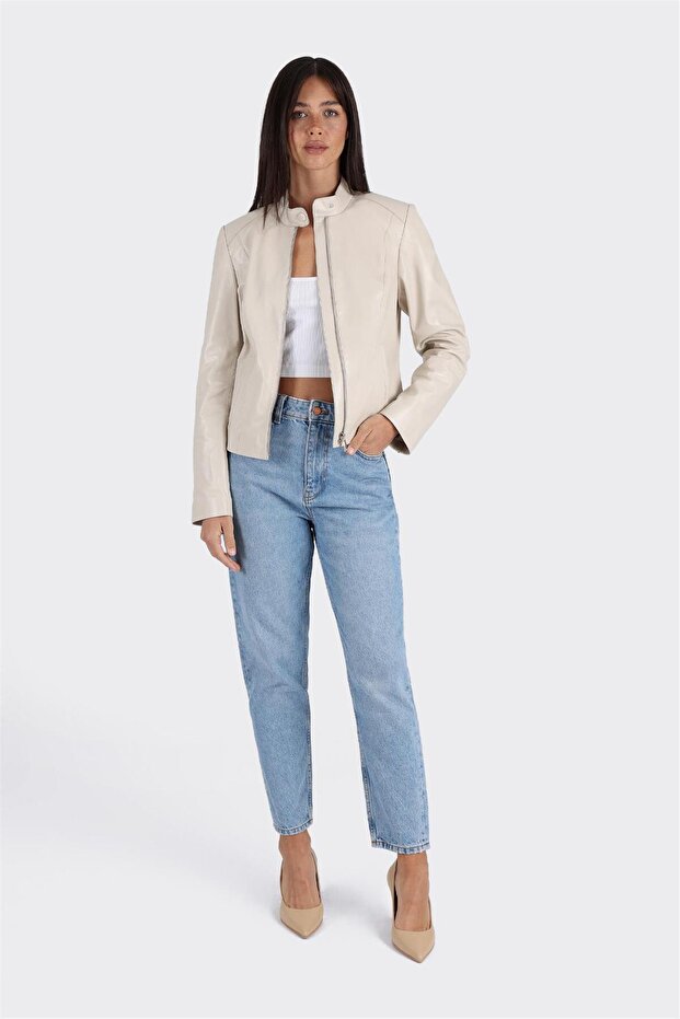 Bej Deri Kadın Ceket - 3