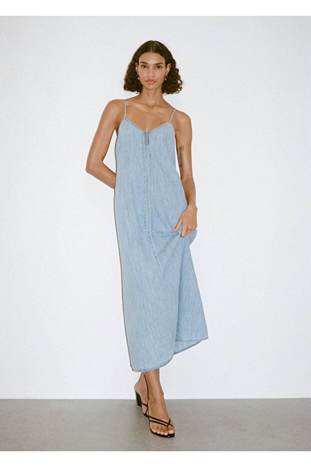 Askılı denim elbise - 7