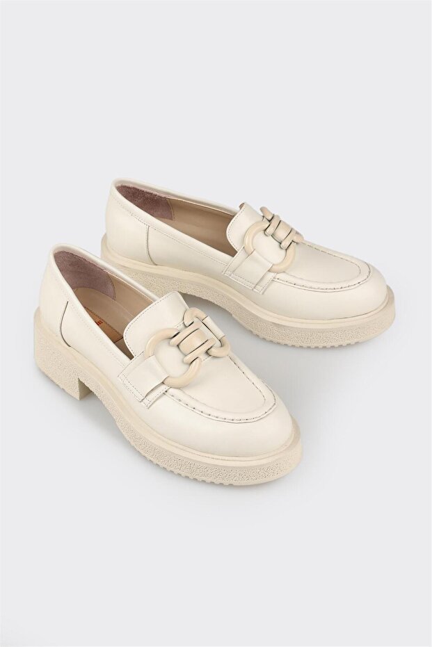 Bej Deri Kadın Loafer - 2