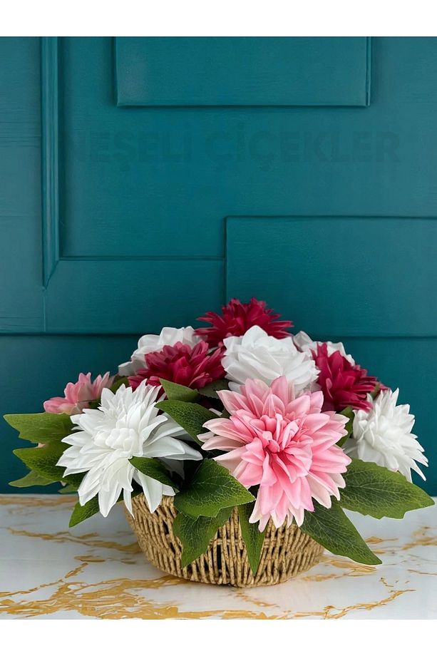 Yapay Çiçek Buketi Fuşya Pembe Dekoratif Çiçek Sepeti 35x20x25 Cm Hediyelik Ev Süsü Masa Süsü - 9