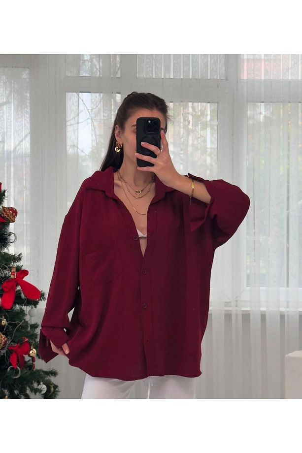 Kadın Perla Bordo Tek Cepli Oversize Gömlek, Geniş Kalıp Gömlek, Ayrobin Gömlek - 3