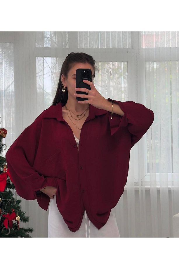 Kadın Perla Bordo Tek Cepli Oversize Gömlek, Geniş Kalıp Gömlek, Ayrobin Gömlek - 1