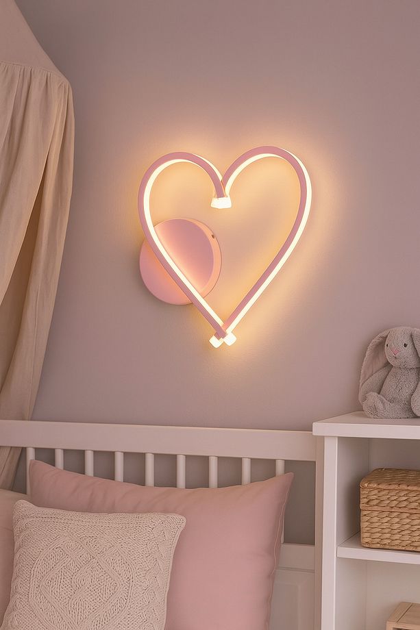Kalp Modern Tasarım Pembe Renk Çocuk Odası Gün Işığı Ledli Banyo - Mutfak - Salon Led Duvar Aplik - 1