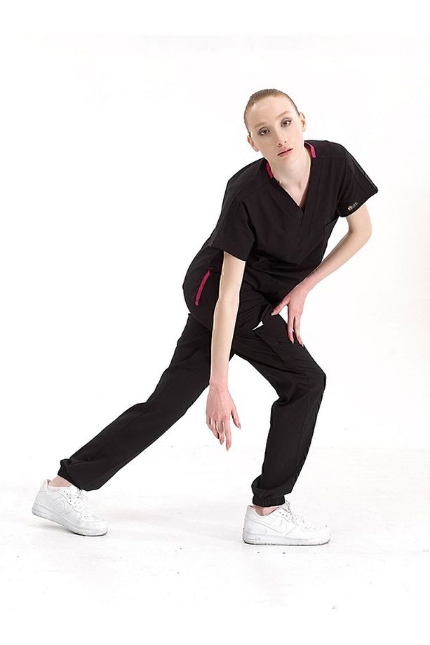 Siyah Jogger Paça Lüks Likralı Üniforma Takımlar Yüksek Kaliteli Likralı Scrubs - 4