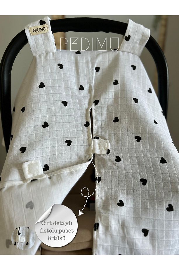 Müslin Siyah Kalp Desenli Cırtlı Müslin Puset Örtüsü %100 Cotton - 4