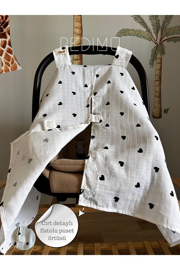 Müslin Siyah Kalp Desenli Cırtlı Müslin Puset Örtüsü %100 Cotton - 2