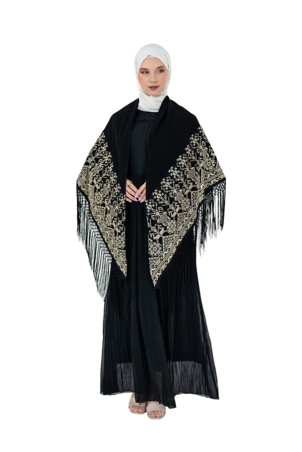 Black Color Traditional Yellow Embroidered Embroidered Tassel 140*140 S 300012