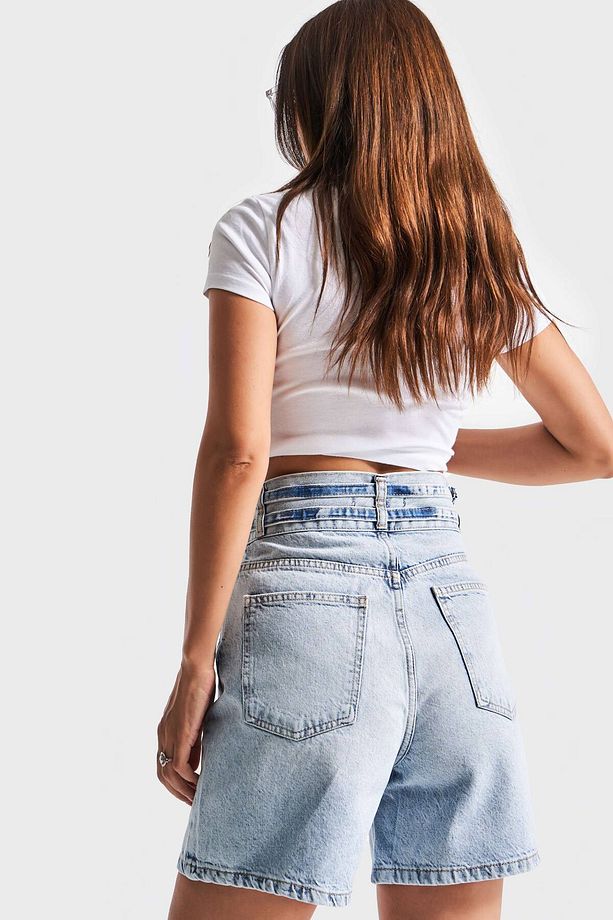 Kadın Kot Rengi 4s5-3 Midi Boy Çift Kemerli %100 Koton Tasarım Denim Şort - 4