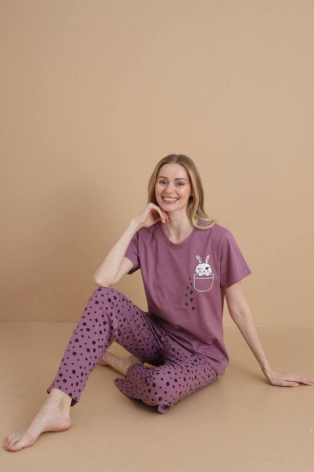 Kadın Pembe Kalpli Baskılı %100 Pamuk Kısa Kol Cepli Yazlık Pijama Takımı - 3
