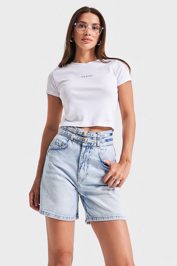 Kadın Kot Rengi 4s5-3 Midi Boy Çift Kemerli %100 Koton Tasarım Denim Şort - 5