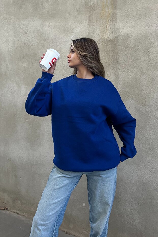 Basic Bisiklet Yaka Oversize Sweatshirt - 3