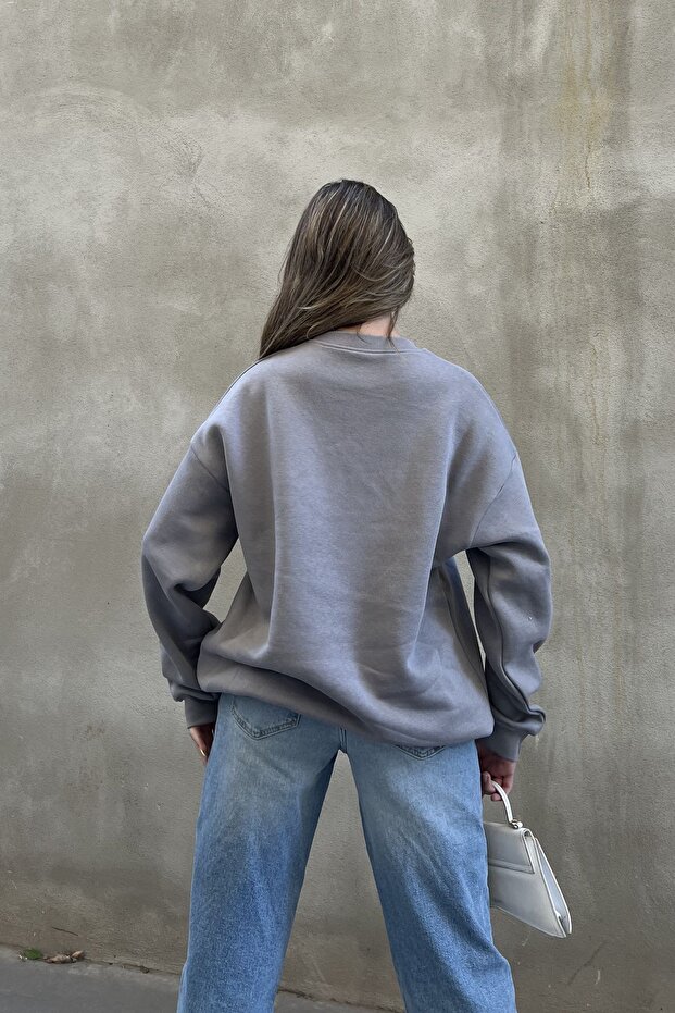 Taş Basic Bisiklet Yaka Oversize Sweatshirt - 5