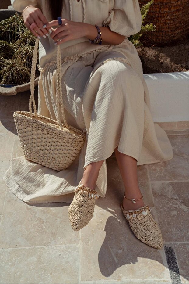 Detailné dámske šľapky Lisa Béžové pletené mušle - 5