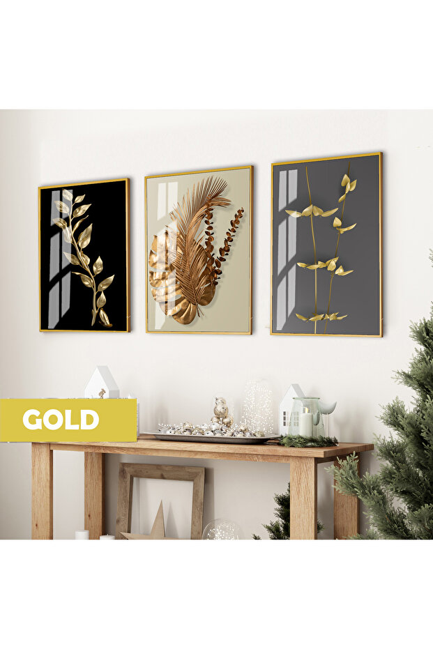 Amazing | Gold Color Plants Combination (Plants) | Framed Glass Table 3 Pieces Vertical