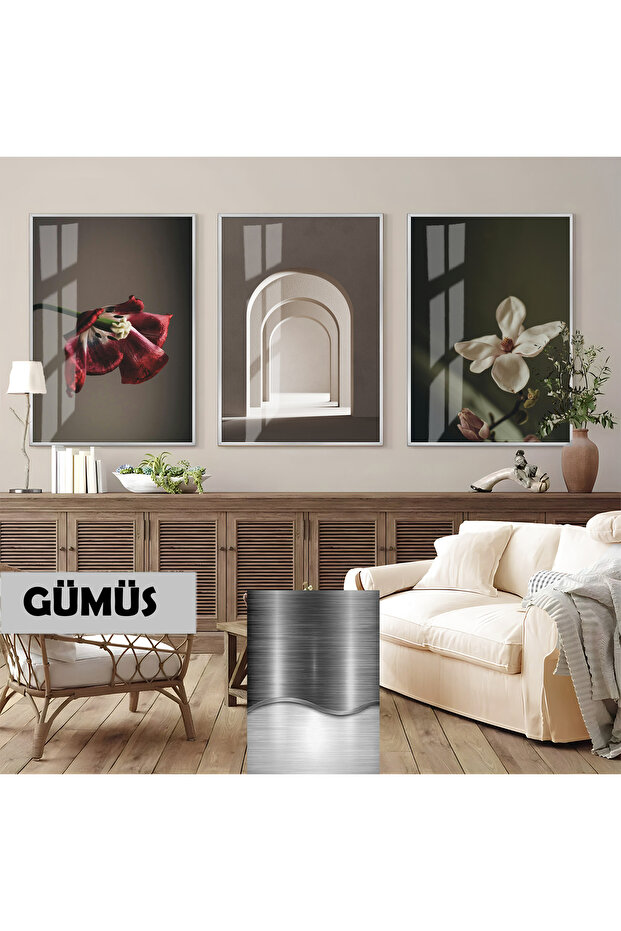 Amazing | Soft Flower Combination (Macro Boho) | Framed Glass Table 3 Pieces Vertical
