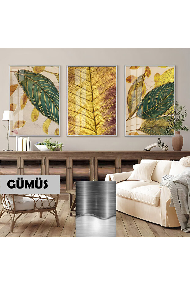 Amazing | Gold Macro Leaf Combination (Leaves) | Framed Glass Table 3 Pieces Vertical
