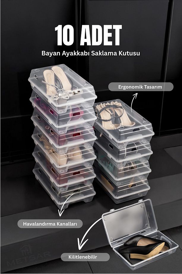 10’lu Şeffaf Kadın Ayakkabı Saklama Kutusu – Hava Delikli, Istiflenebilir Organizer - 1