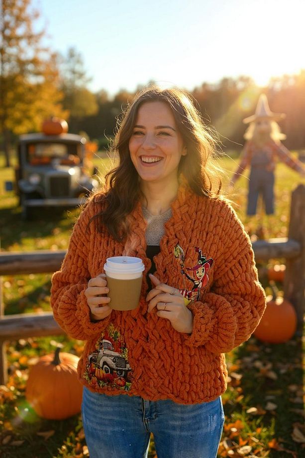 El örgüsü pumpkin baskılı puffy polar chunky hırka - 1