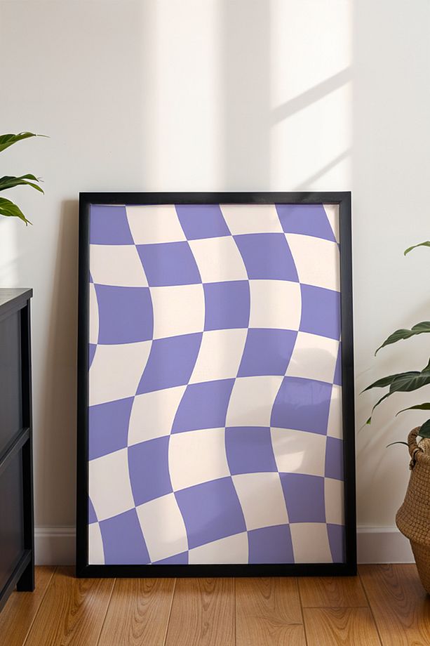 Lila Kavisli Kare Deseni - Dalgalı Satranç Efektiyle Modern Retro Minimalist Poster - Duvar Posteri - 3