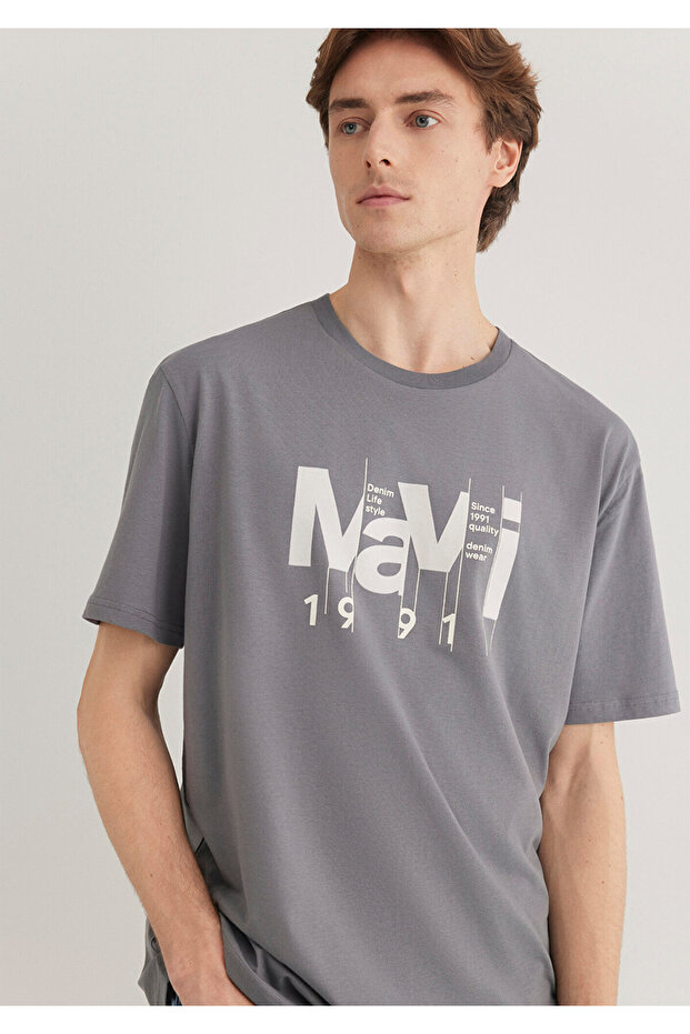 Logo Printed Gray T-Shirt Loose Fit / Loose Relaxed Fit 0612461 -80020