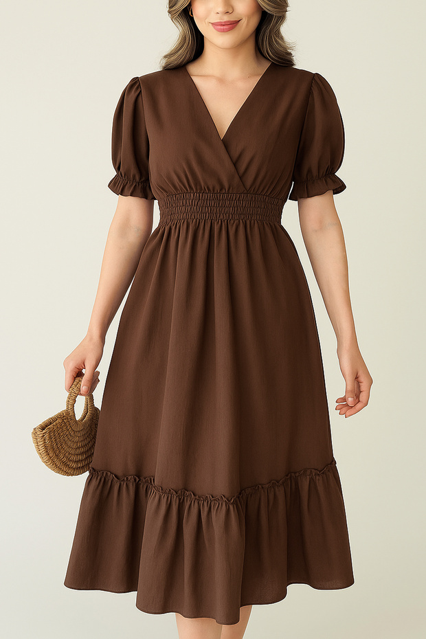 Women's Brown Double Breasted Collar Gipeli Muslin Dress - Short Sleeve Summer Casual Midi Dress
