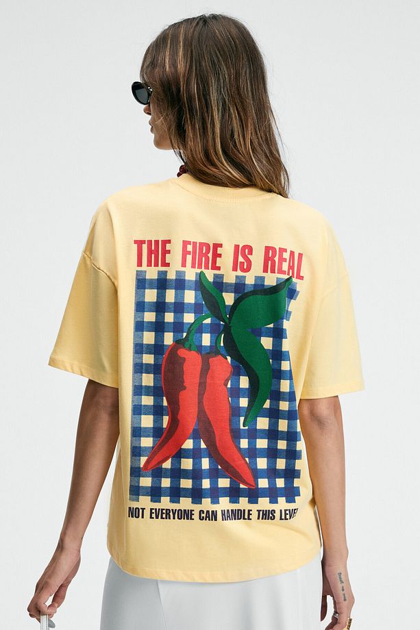 CASSIANE Kadın Bisiklet Yaka Kısa Kollu Ön Ve Arka Baskılı Regular Sarı T-Shirt - 6
