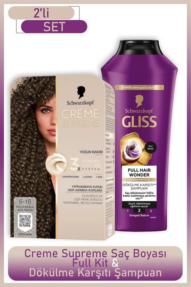 Creme Supreme Full Kit 6-16 Küllü Soğuk Açık Kahve + Gliss Saç Dökülme Karşıtı Şampuan 400ml - 1