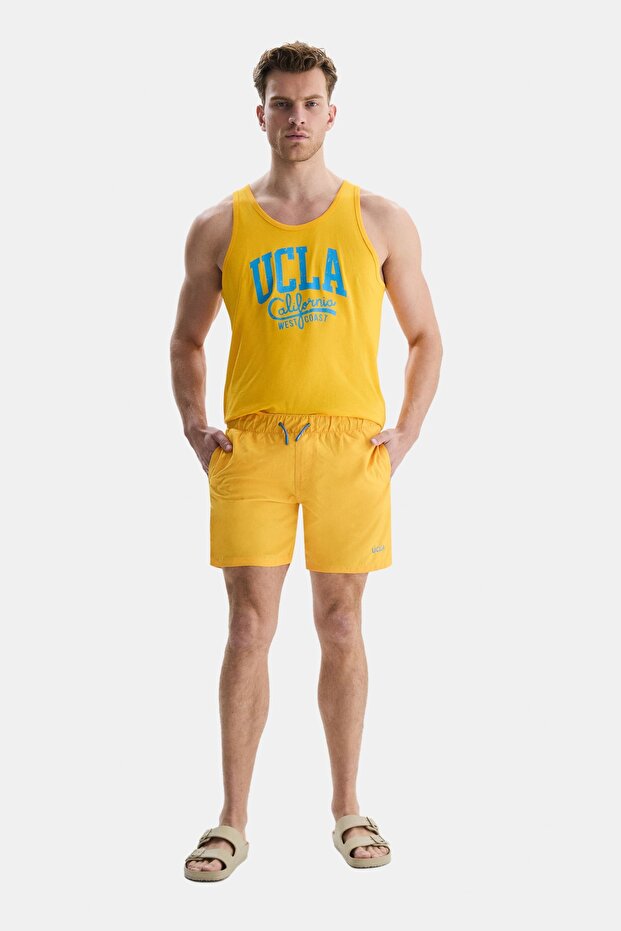 Perkins Yellow Swim Shorts Embroidered Standard Fit Men's Swim Shorts