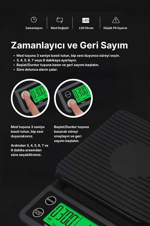 3 Kg Zaman Ayarlı Hassas Kahve Terazisi Tartı 0.1gr Hassasiyet - 5