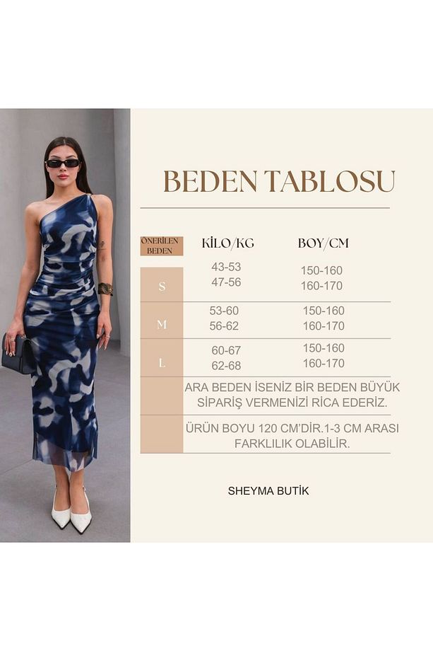 Mavi Desenli Tül Kumaş Tek Omuz Midi Boy Drapeli Elbise - 8