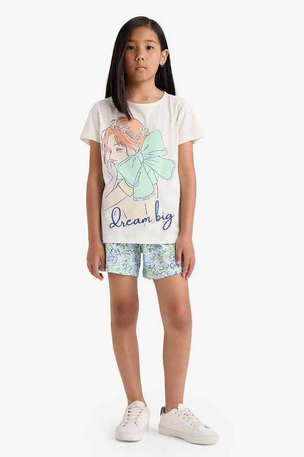 Kız Çocuk Pijama Takımı Baskılı Kısa Kollu Üst Beli Lastikli Şort E0663A825HS - 1