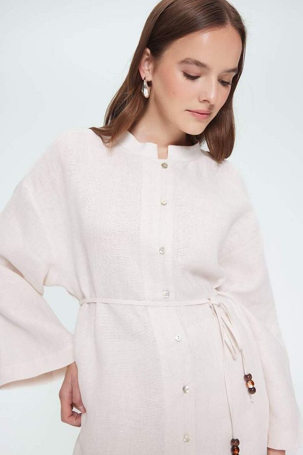 %100 Keten Regular Fit Bağcıklı Uzun Kollu Gömlek Tunik D4394ax25sm - 3