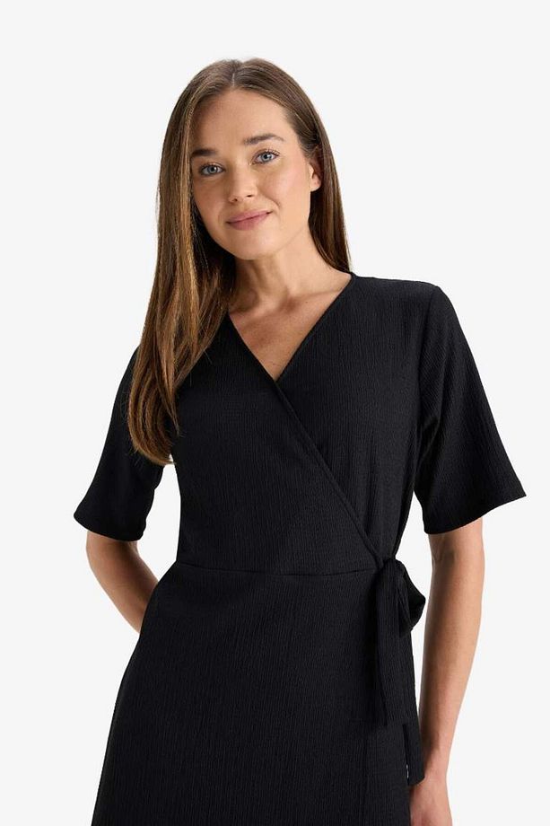 Regular Fit V Yaka Kruvaze Kapama Kısa Kollu Midi Siyah Yazlık Elbise F3913ax25hs - 3